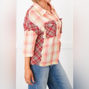 POL Plaid Short Sleeve Button Down Top